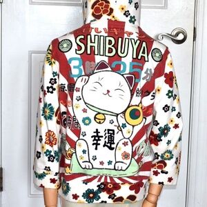 Rare Vintage Lucky Brand Embroidered Shibuya Asian Lucky Cat Graphic Hoodie M
